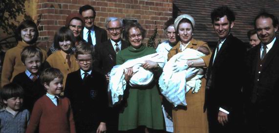 The twin's Christening in Avebury garden 1974: Jonathan, Roland Fitchett, Peter Tindal,Colin Tindal, Marcus Fitchett, David Tindal, Ray Windsor, Mike Tindal, George WIndsor, Norma Blamares, Alice Lee, Dorothy Fitchett, Colin, Delia Tindal, Geoff Fitchett 