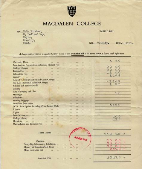 A Magdalen College bill from  1959