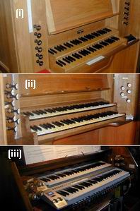 The consoles of the three organs.