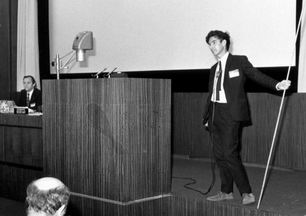 Giving a talk on spin correlations at Copenhagen 1968.